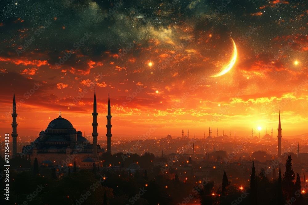 Mosque sunset sky, moon, holy night, islamic night and silhouette mosque, panaromic islamic wallpaper