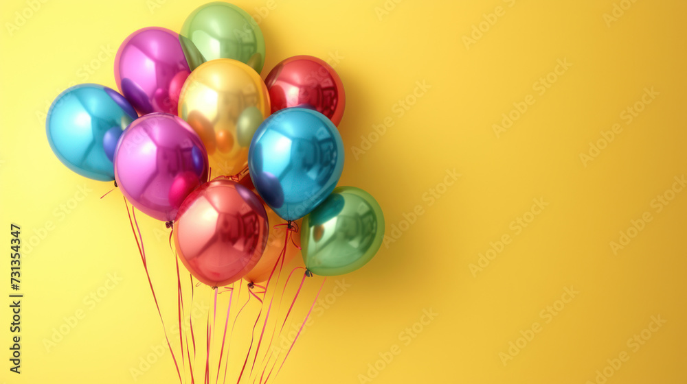 colorful foil balloons on a pastel yellow background card with copy space colorful foil balloons on a pastel yellow background card with copy space