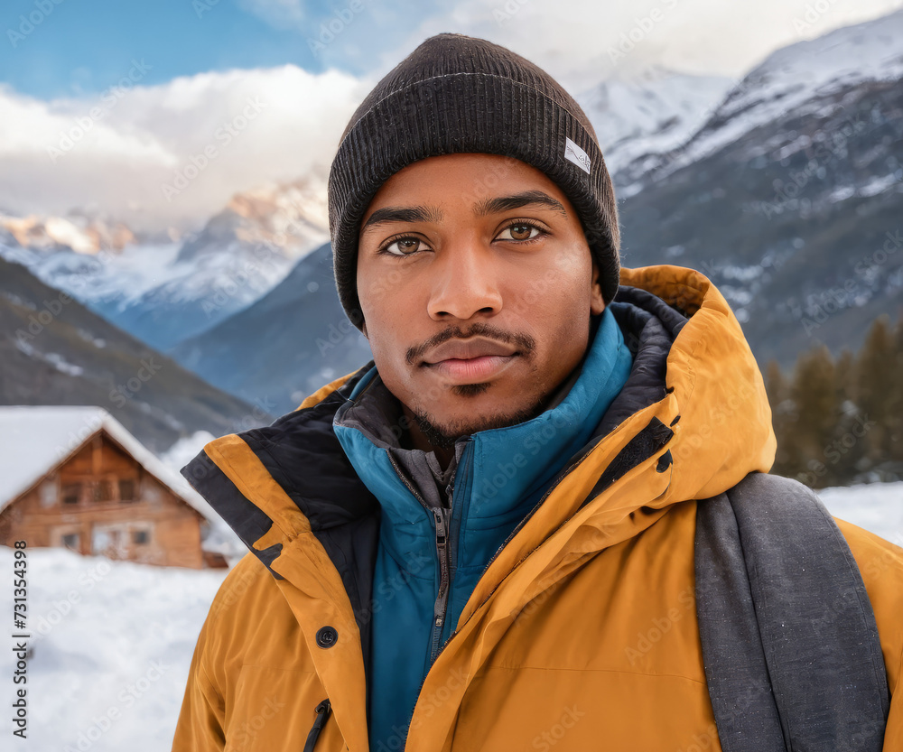 Winter Wonderland: BIPOC Person Outdoors in Snowy Mountains Wearing Stylish Winter Clothing - Diverse Outdoor Winter Scenery, Snowy Landscape with Mountain Peaks, Cold Weather Outdoor Fashion Winter Wonderland: BIPOC Person Outdoors in Snowy Mountains Wearing Stylish Winter Clothing - Diverse Outdoor Winter Scenery, Snowy Landscape with Mountain Peaks, Cold Weather Outdoor Fashion