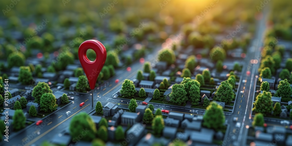 Urban Navigation Concept: A Giant Red Location Pin Dominates the Miniature Landscape of a Model City, Generative AI Urban Navigation Concept: A Giant Red Location Pin Dominates the Miniature Landscape of a Model City, Generative AI