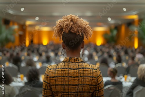 Businesswoman with microphone speaking at business conference