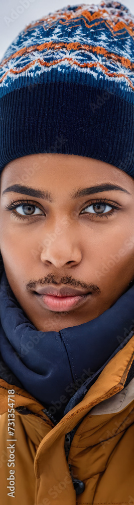 Obraz premium Winter Wonderland: BIPOC Person Outdoors in Snowy Mountains Wearing Stylish Winter Clothing - Diverse Outdoor Winter Scenery, Snowy Landscape with Mountain Peaks, Cold Weather Outdoor Fashion