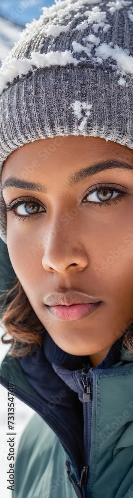 Fototapeta premium Winter Wonderland: BIPOC Person Outdoors in Snowy Mountains Wearing Stylish Winter Clothing - Diverse Outdoor Winter Scenery, Snowy Landscape with Mountain Peaks, Cold Weather Outdoor Fashion