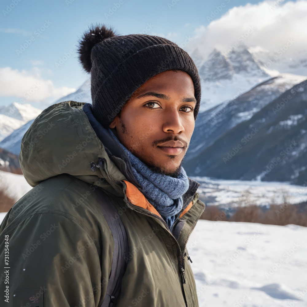 Winter Wonderland: BIPOC Person Outdoors in Snowy Mountains Wearing Stylish Winter Clothing - Diverse Outdoor Winter Scenery, Snowy Landscape with Mountain Peaks, Cold Weather Outdoor Fashion Winter Wonderland: BIPOC Person Outdoors in Snowy Mountains Wearing Stylish Winter Clothing - Diverse Outdoor Winter Scenery, Snowy Landscape with Mountain Peaks, Cold Weather Outdoor Fashion