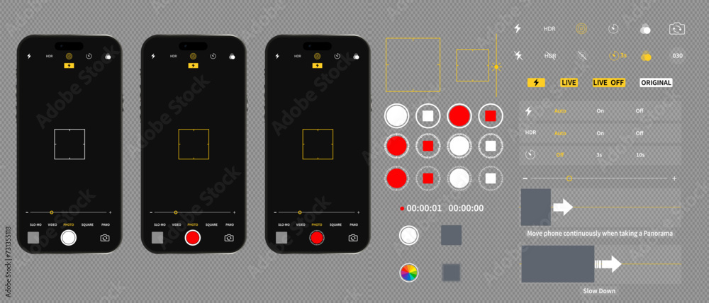 Vertical view of phone camera interface, video camera interface icons. Application for mobile application. Photo and video recording. Vector illustration of graphic design. vector graphics eps 10