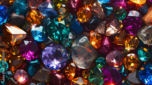 Sparkling gemstones in various colors create a dazzling and opulent seamless pattern, perfect for adding a touch of luxury to any project. The scattered arrangement adds a sense of whimsy an