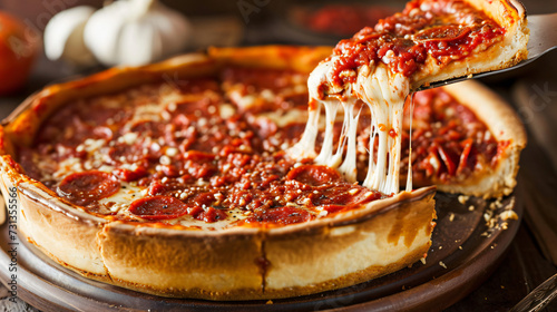 close up of a cheesy deep dish pizza
