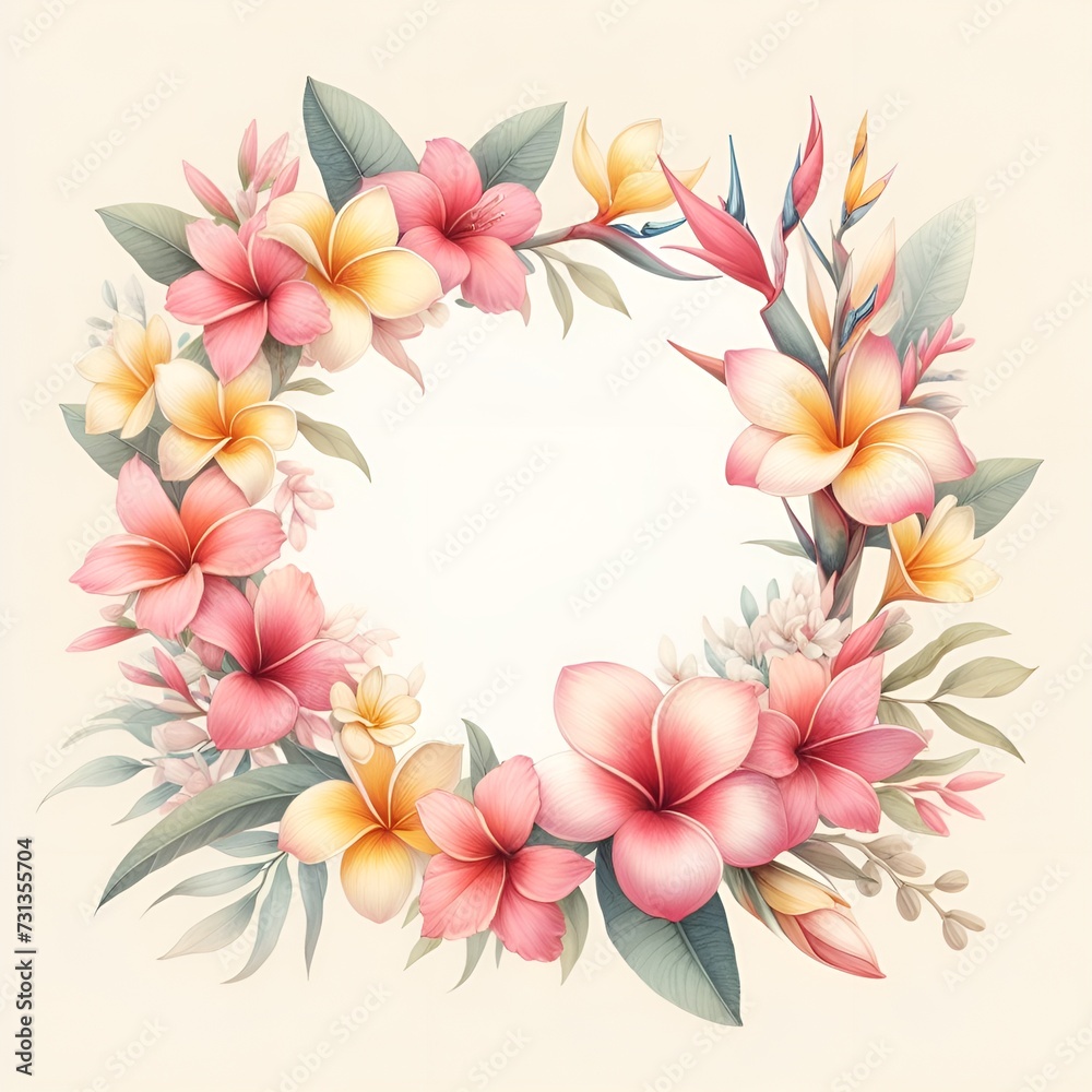 Watercolor tropical floral wreath isolated on white. Plumeria flowers round border.