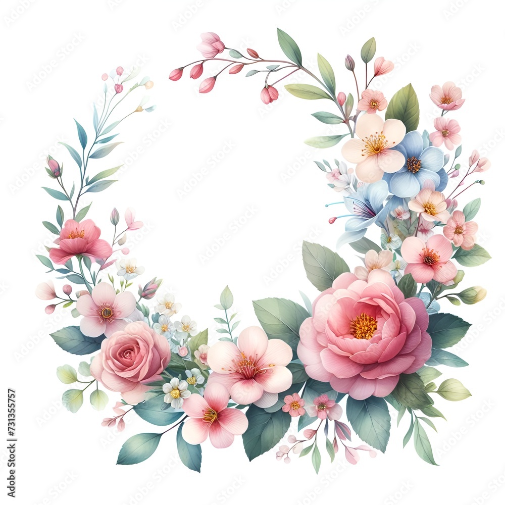 Watercolor floral illustration. Pink flowers and eucalyptus greenery bouquet. Dusty roses, soft light blush peony border, wreath, frame. For wedding, Card, Greeting Cards, invitation