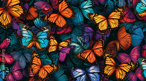 A seamless pattern featuring a mesmerizing display of vibrant and fluttering butterflies  evoking a sense of transformation and sheer beauty. Perfect for adding a touch of natural charm and