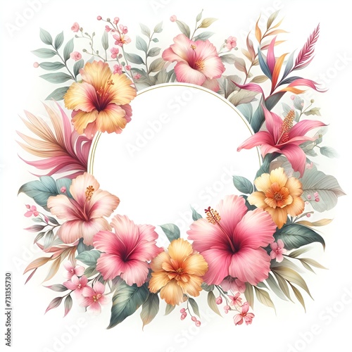 Watercolor tropical floral wreath isolated on white. Plumeria flowers round border.