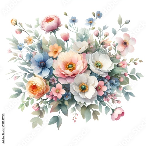 Watercolour floral bouquet of flowers on white background for wedding stationary invitations, greetings, wallpapers, fashion, prints © Halina