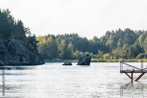view of the old Pier and Lake Onega. Karelia. Russia. Beautiful landscape	
