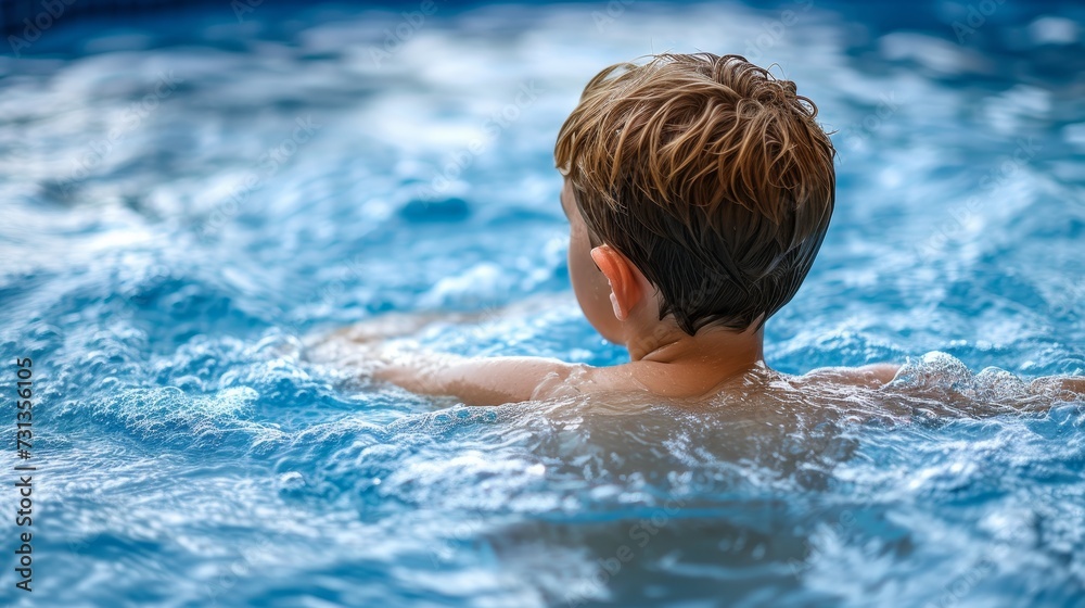 Close up shot of boy child swimmer in swimming pool with copy space for text placement