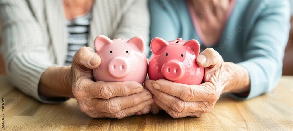 Senior couple s hands holding pink piggy bank  shared commitment to retirement savings and pension - obrazy, fototapety, plakaty 