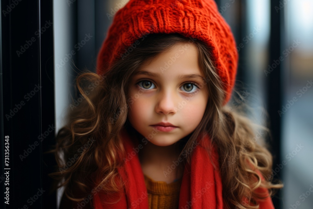 Portrait of a beautiful little girl in a red hat and scarf. Portrait of a beautiful little girl in a red hat and scarf.
