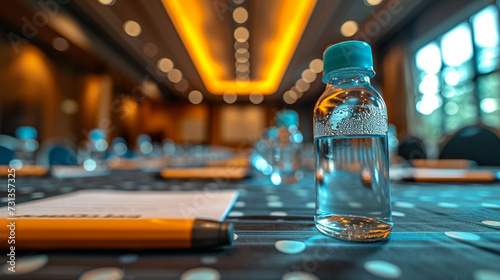 Business conference hall, water bottle in focus