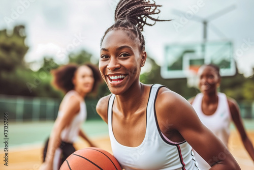 Brown Skin Teenagers Playing Basketball Outdoors. Latin American Young Women Doing Sport at Summer Time. Lifestyle Concept.