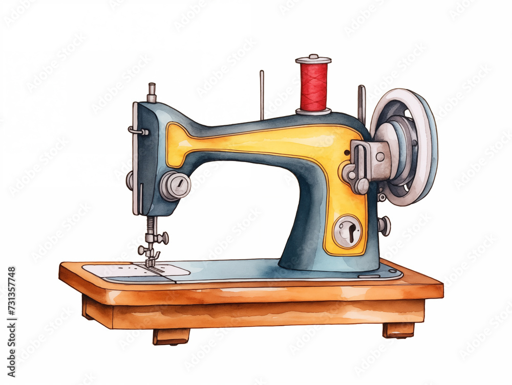 Illustration of sewing machine on white isolated in style of watercolor