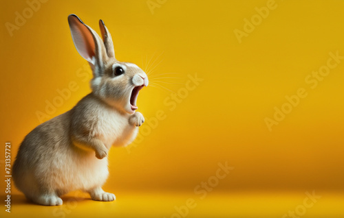 Excited young rabbit with mouth wide open in awe, ears perked up, against vibrant yellow background photo