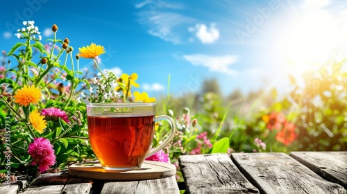 Summer Herbal Tea on Wooden Surface with Blooming Garden Background