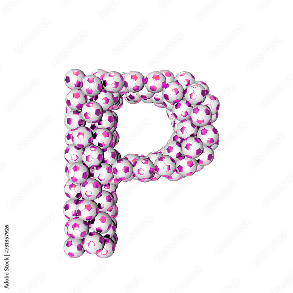 Symbol made from purple soccer balls. letter p