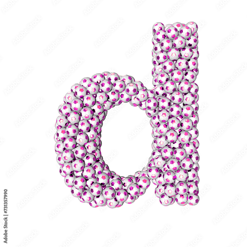 Symbol made from purple soccer balls. letter d