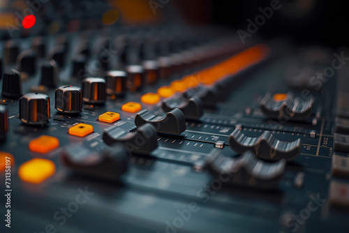 A detailed shot captures the intricate knobs, sliders, and buttons of a sound mixer board up close, showcasing the complexity and craftsmanship behind audio production