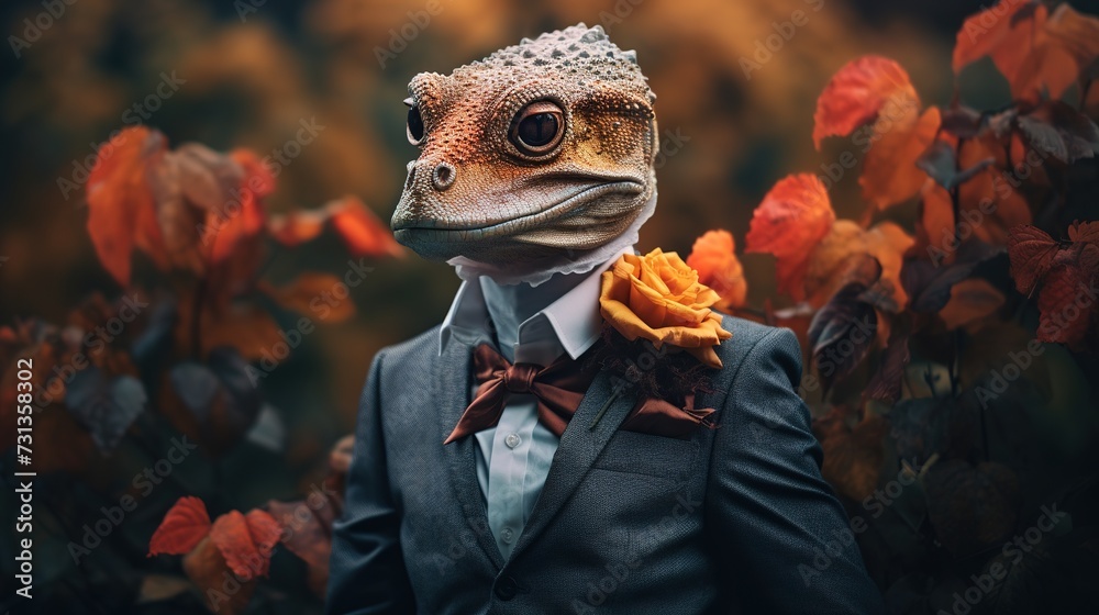 elegant lizard in jacket with rose in his buttonhole against the backdrop of blooming garden goes on date - obrazy, fototapety, plakaty 