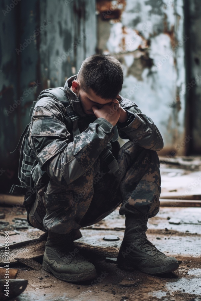Fototapeta premium soldier in camouflage with PTSD
