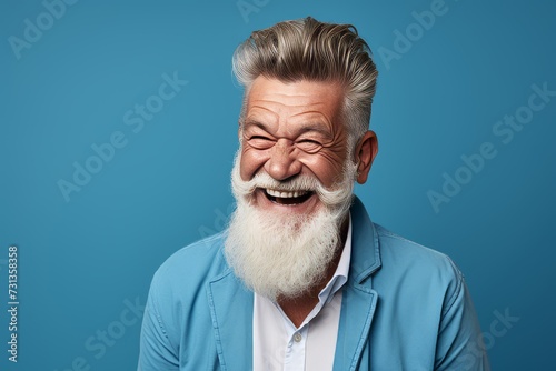 Portrait of happy senior man with white beard and mustache laughing while standing against blue background
