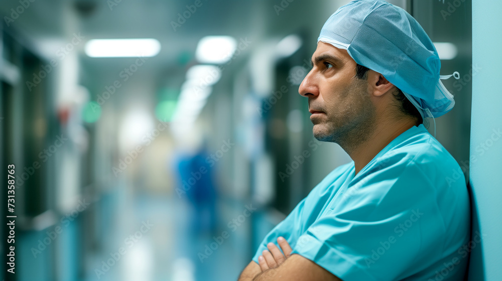 Tired surgeon - resting after surgery in hospital corridor Tired surgeon - resting after surgery in hospital corridor