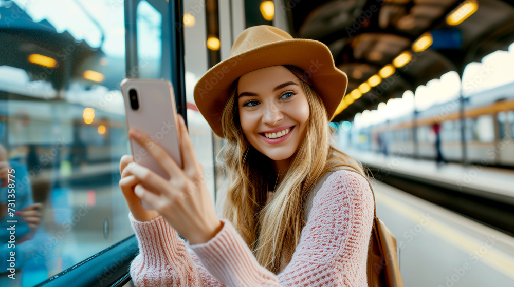 Happy woman taking selfie on train