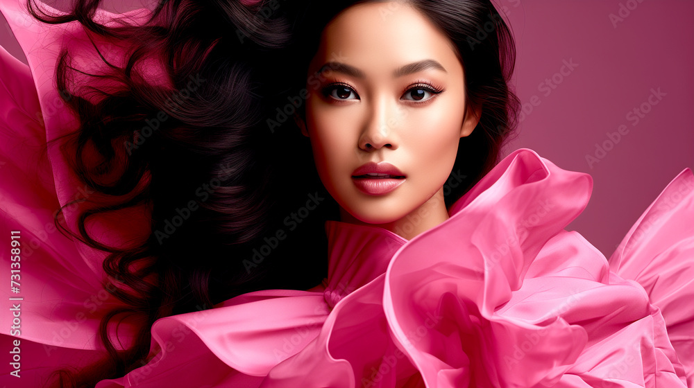 Close-up of an Asian Woman in a Pink Dress, Flowing Salmon-colored Silk, Stunning Beauty Close-up of an Asian Woman in a Pink Dress, Flowing Salmon-colored Silk, Stunning Beauty