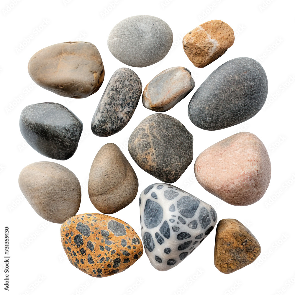 Set of different common river stones over isolated transparent background Set of different common river stones over isolated transparent background