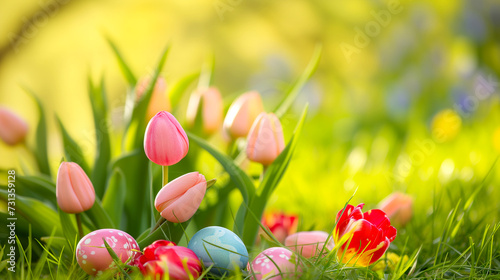 Easter eggs with tulips on green grass on a sunny day #731359128