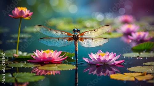 Dragonfly on the background of water lilies