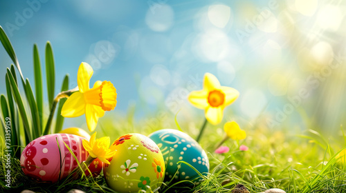 Easter eggs with daisies on green grass on a sunny day