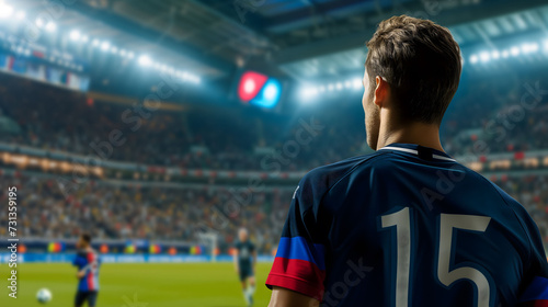 Back view of a man's soccer player wearing the soccer uniform against the backdrop of a lively soccer stadium. Olympic Games, World Cup. Generative AI photo