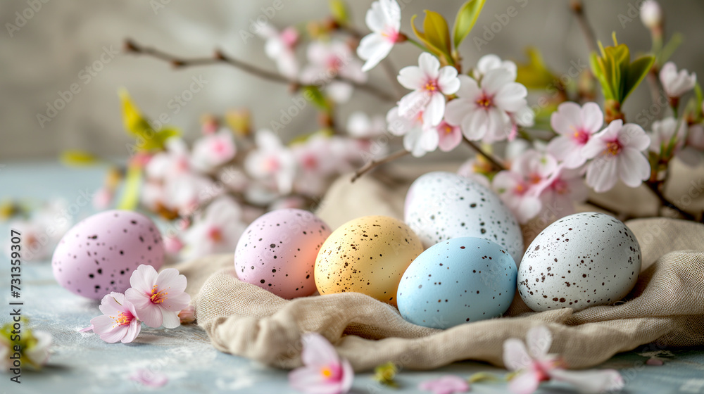 Easter still life with colorful eggs and sakura branches close-up Easter still life with colorful eggs and sakura branches close-up