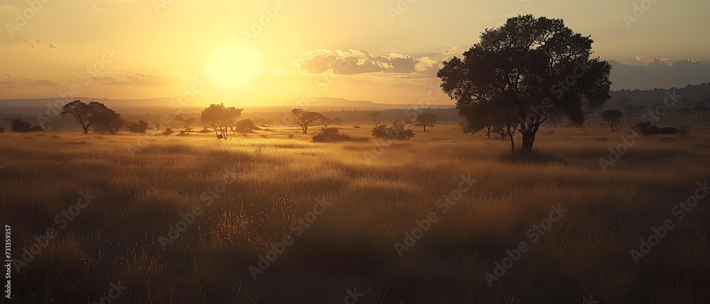A sweeping savannah landscape dotted with acacia trees and tall grasses