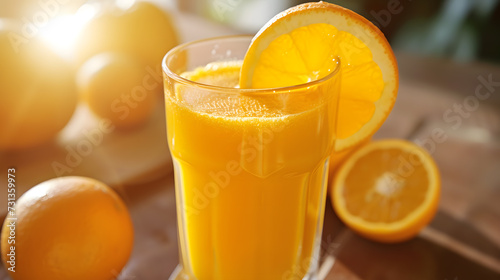 A glass of freshly squeezed orange juice, with a slice of orange on the rim.