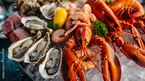 A platter of fresh seafood, such as lobster, shrimp, and oysters, on ice. Fresh, colorful seafood from the sea. Generative AI.