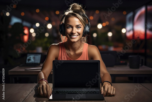 young happy Business sporty woman Presenting Computer Software, sport course. caucasian female girl with smiley face. empty black monitor, screen of laptop. copy space for inscription. mockup template