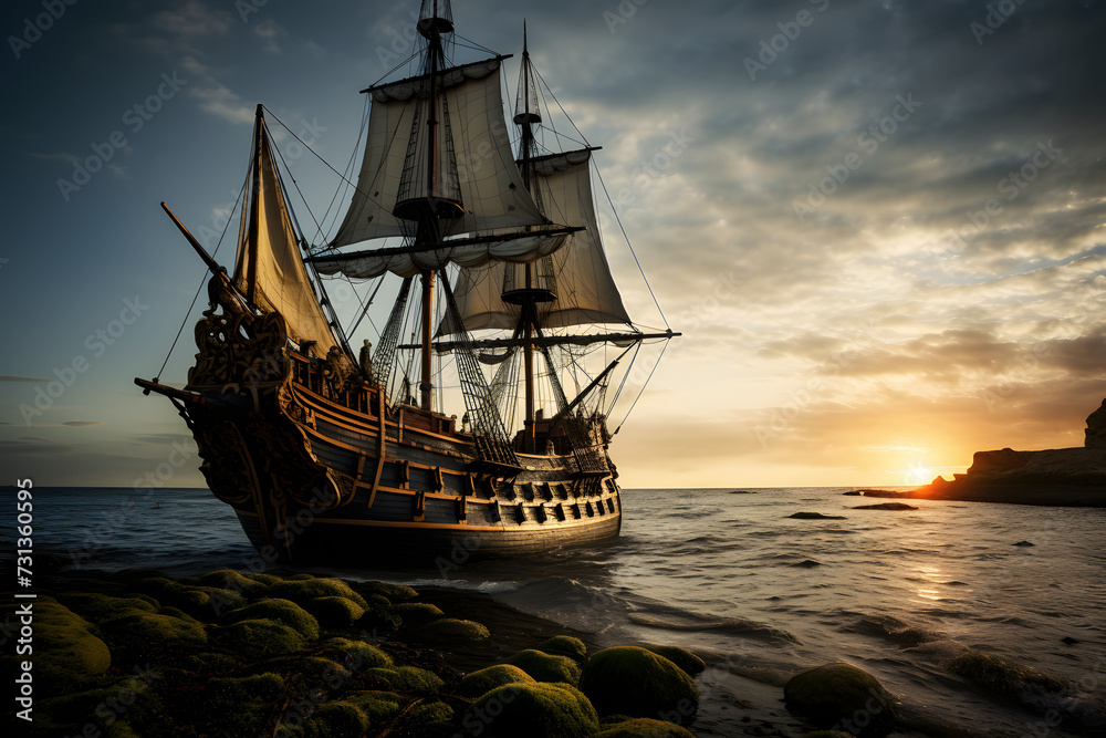 Fototapeta premium Sailboat, Sailboat driving through the ocean. sailing, old boat