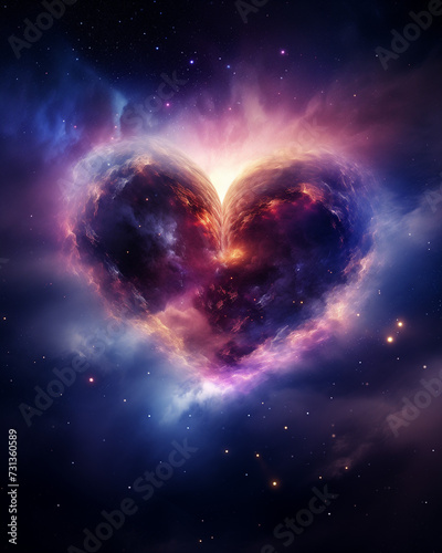 beautiful heart space wide-angle cosmic view of a nebula with dark hues ranging from deep blues to deep purples