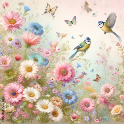 background with flowers and birds