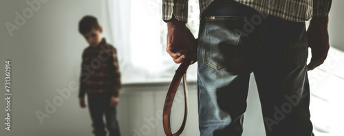 Adult holding a belt, child in background, concept of punishment, domestic scene, potential for abuse, room interior, daylight, family conflict, controversial parenting methods. Domestic violence.
