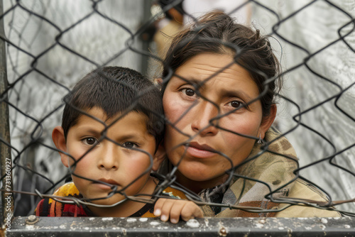 Mexican immigrants to the USA, a woman, and a child behind the fence, poignant gaze, struggle, survival, close-up, emotional impact, bonding, resilience, humanity, desperation, hope, barrier.
