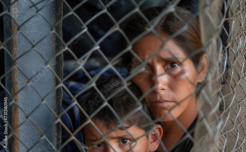 Mexican immigrants in the USA, a woman and a child behind the fence, looking with concern, close-up, emotional portrait, safety concept, protection, human rights,  detailed texture, focused gaze.